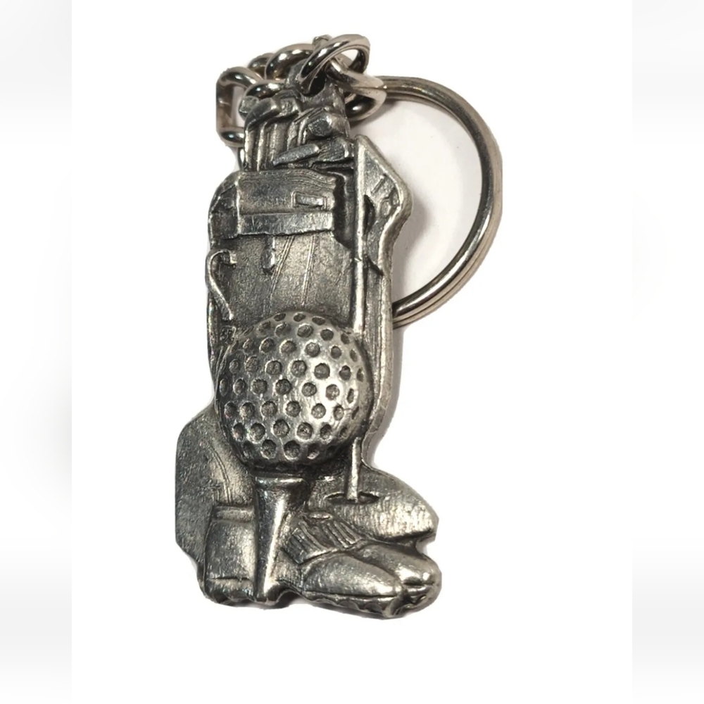 Vintage Golf Golfing Pewter Keychain Ball Bag Tee Clubs Made In USA Key Holder